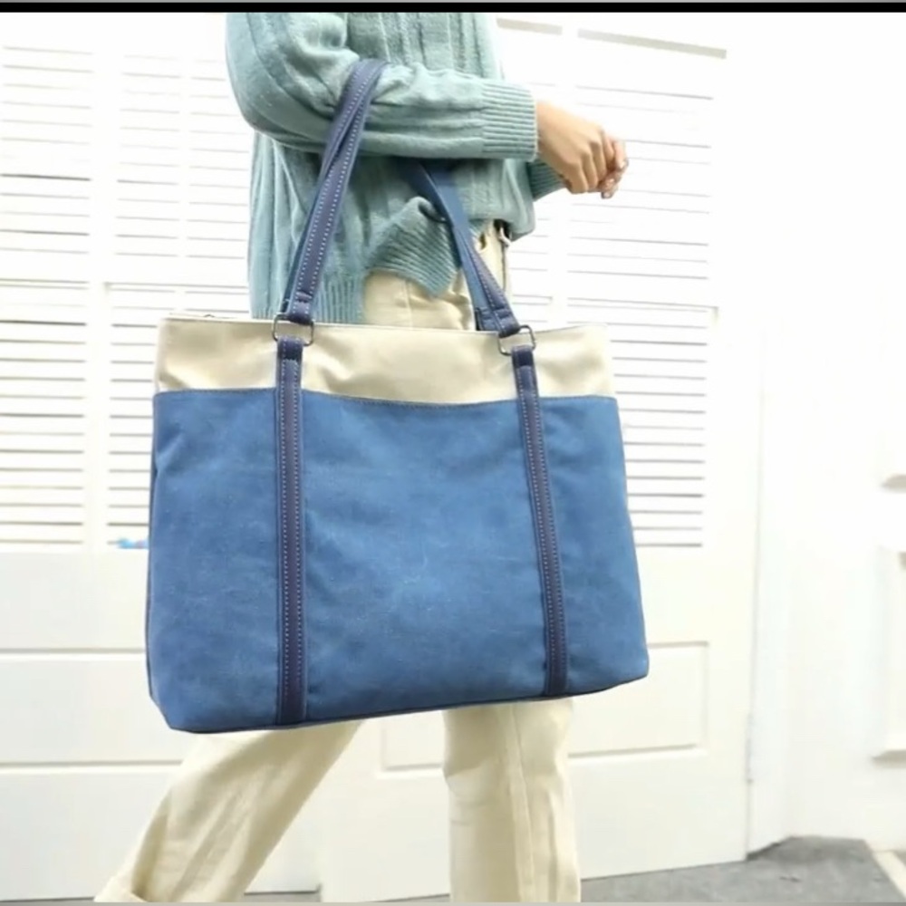 Blue Jean Canvas Large Vegan Blue Leather Strap Detailed Stitching Laptop Bag